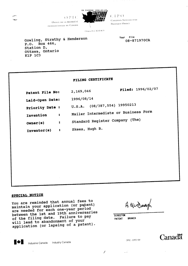 Canadian Patent Document 2169046. Correspondence 19951207. Image 1 of 1