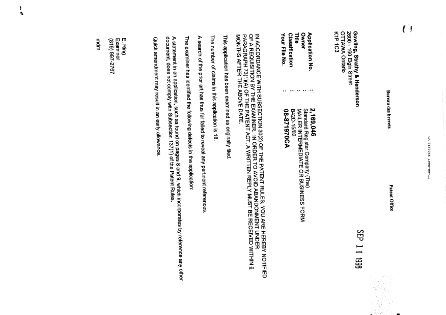Document de brevet canadien 2169046. Ordonnance spéciale 19980911. Image 1 de 1