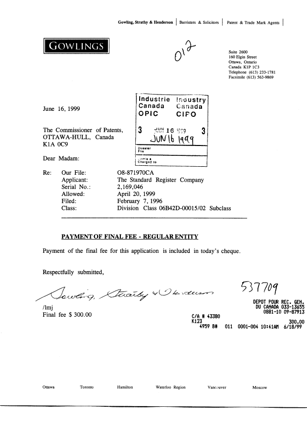 Canadian Patent Document 2169046. Correspondence 19990616. Image 1 of 1
