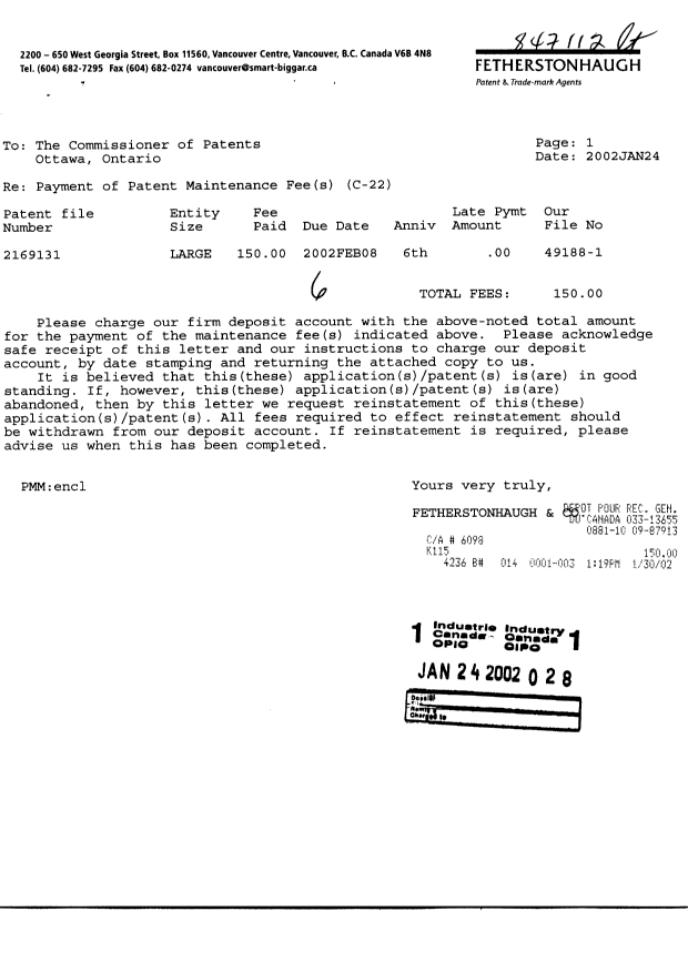 Document de brevet canadien 2169131. Taxes 20020124. Image 1 de 1