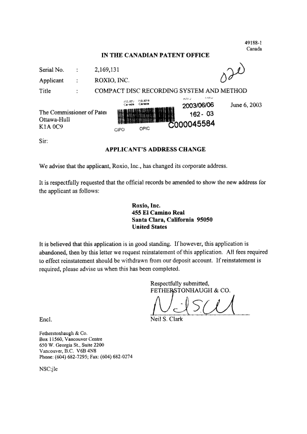 Document de brevet canadien 2169131. Correspondance 20030606. Image 1 de 1