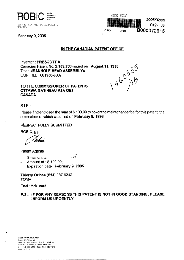 Canadian Patent Document 2169238. Fees 20050209. Image 1 of 2