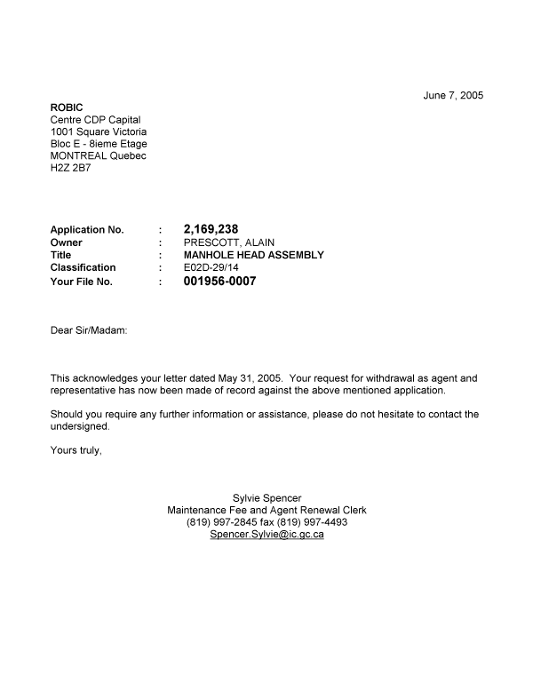 Document de brevet canadien 2169238. Correspondance 20050607. Image 1 de 1