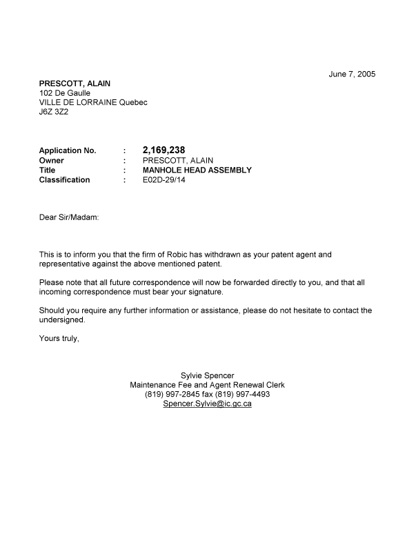 Document de brevet canadien 2169238. Correspondance 20050607. Image 1 de 1
