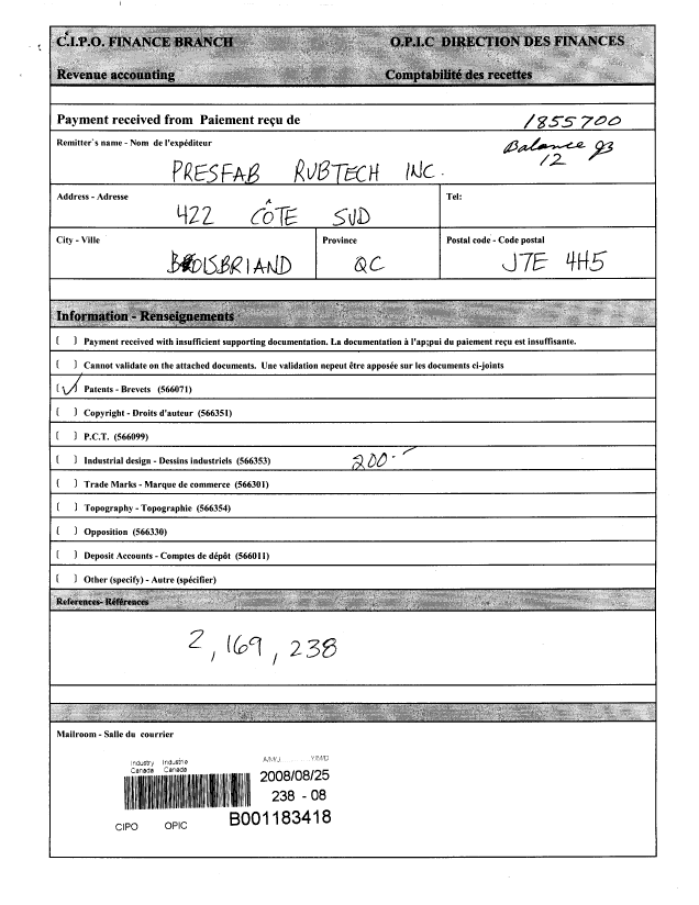 Document de brevet canadien 2169238. Taxes 20080825. Image 1 de 4