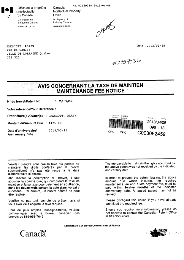 Canadian Patent Document 2169238. Fees 20130408. Image 1 of 2