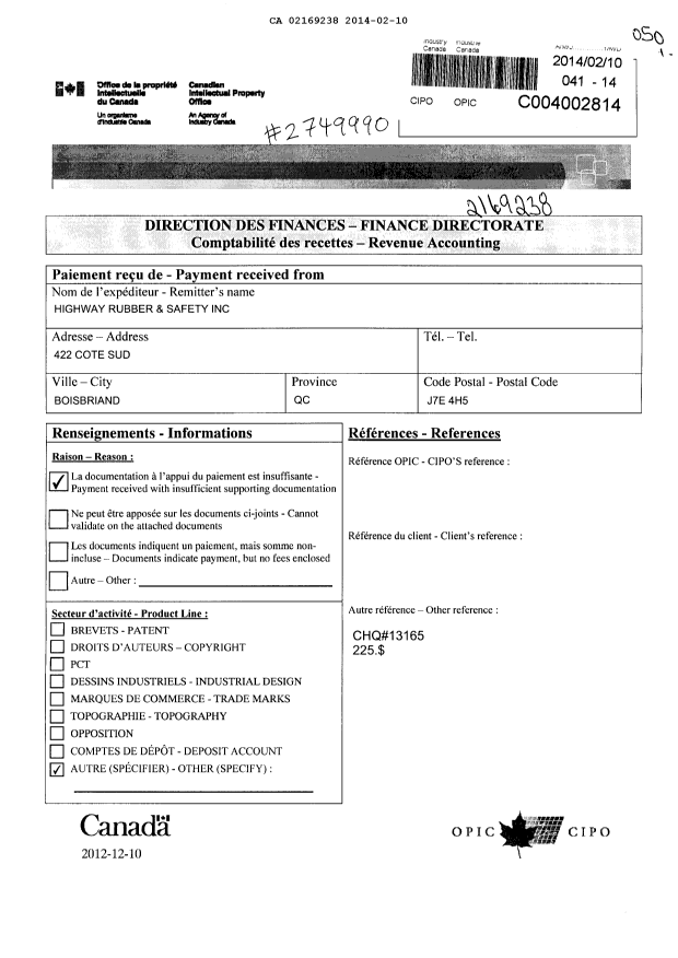 Canadian Patent Document 2169238. Fees 20140210. Image 1 of 1