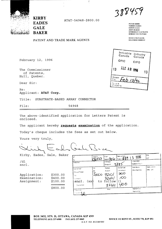 Document de brevet canadien 2169308. Cession 19960212. Image 1 de 10