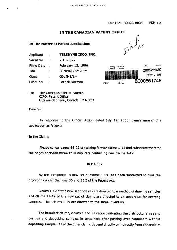 Canadian Patent Document 2169322. Prosecution-Amendment 20051130. Image 1 of 7