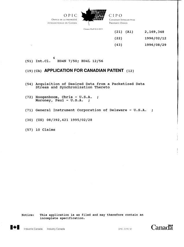 Canadian Patent Document 2169348. Cover Page 19960212. Image 1 of 1