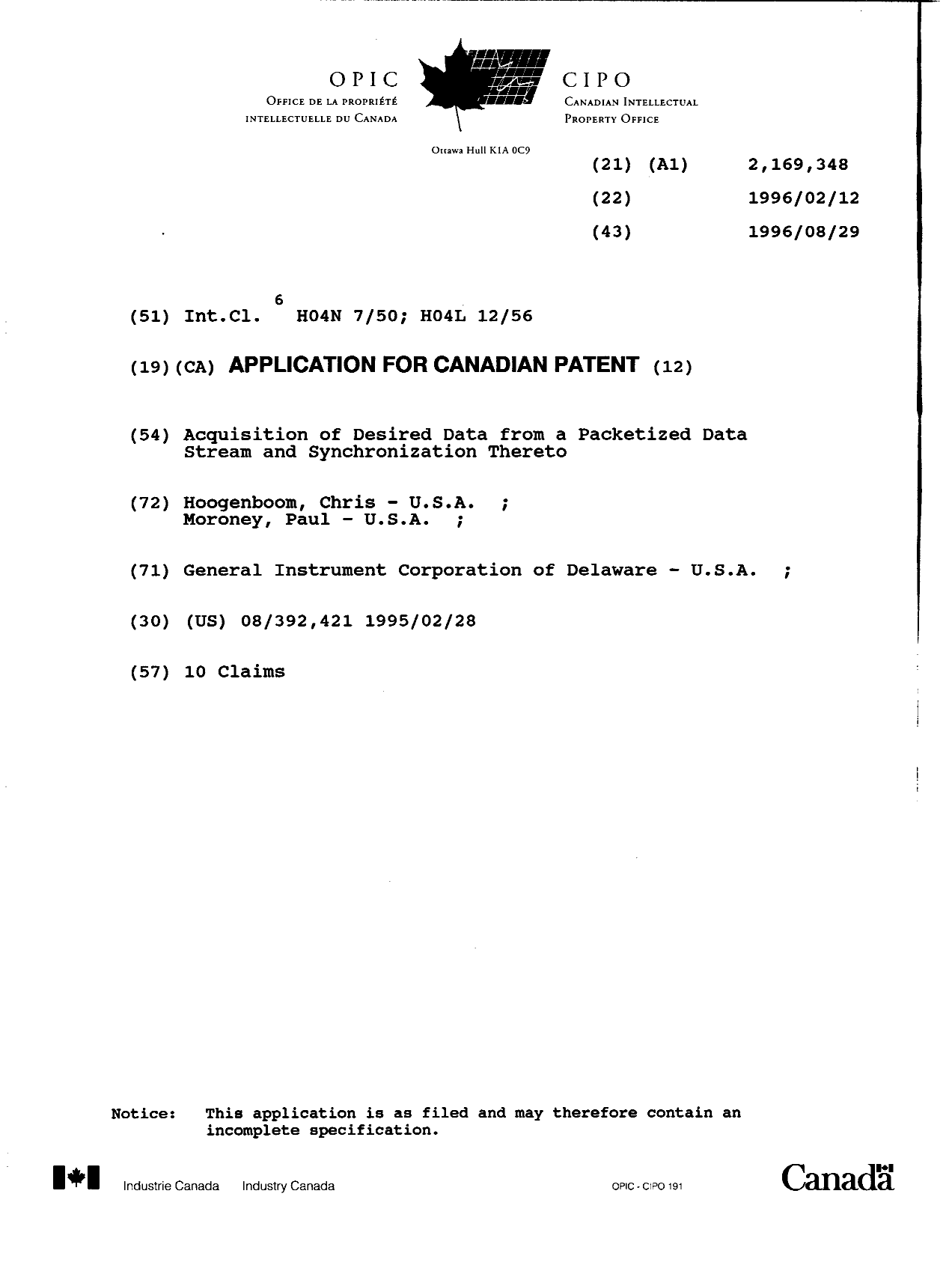Canadian Patent Document 2169348. Cover Page 19960212. Image 1 of 1