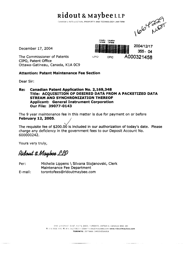 Canadian Patent Document 2169348. Fees 20041217. Image 1 of 1