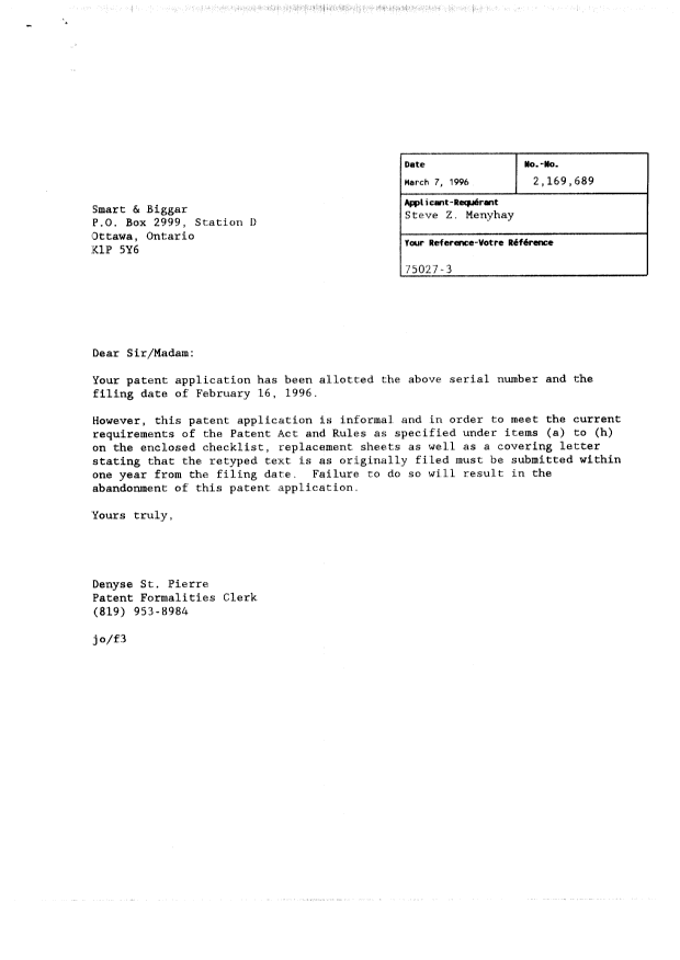 Canadian Patent Document 2169689. Correspondence 19960307. Image 1 of 25