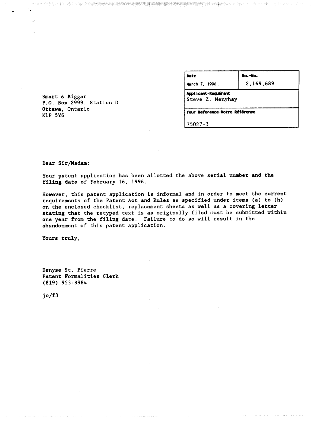 Canadian Patent Document 2169689. Correspondence 19960307. Image 1 of 25