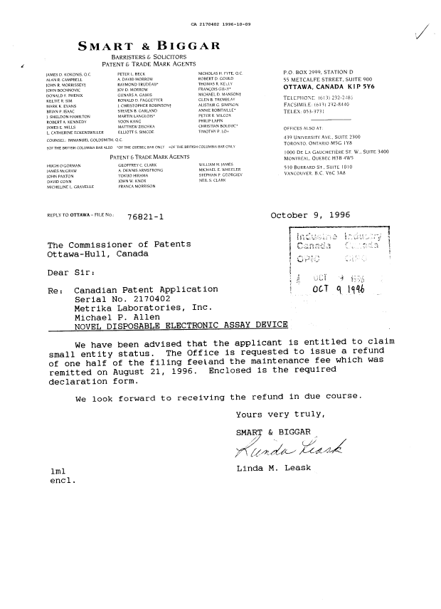 Canadian Patent Document 2170402. Correspondence 19951209. Image 1 of 1