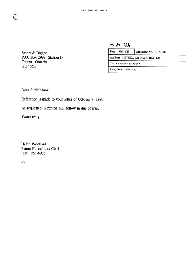 Canadian Patent Document 2170402. Correspondence 19951229. Image 1 of 1