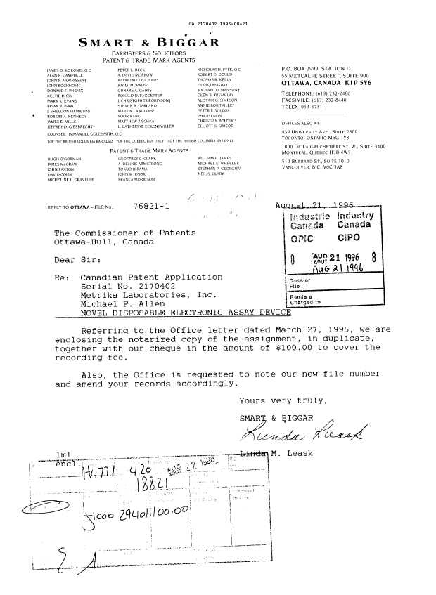 Canadian Patent Document 2170402. National Entry Request 19960821. Image 1 of 6