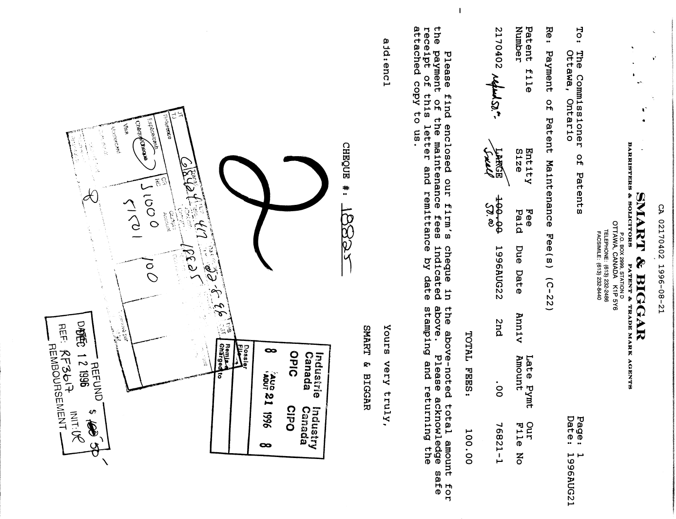 Document de brevet canadien 2170402. Taxes 19960821. Image 1 de 1