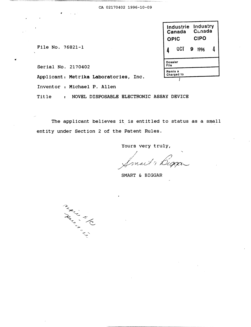 Document de brevet canadien 2170402. Correspondance 19961009. Image 1 de 1
