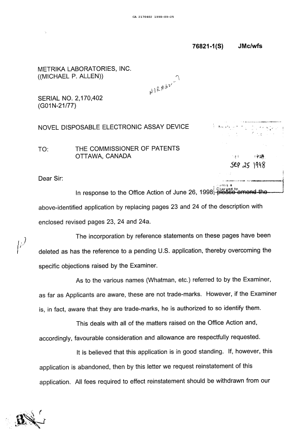 Canadian Patent Document 2170402. Prosecution-Amendment 19971225. Image 1 of 2