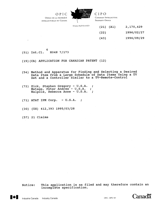 Document de brevet canadien 2170429. Page couverture 19960605. Image 1 de 1