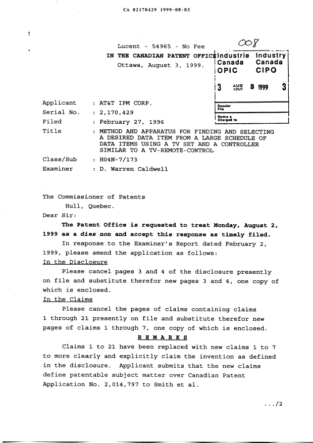 Document de brevet canadien 2170429. Poursuite-Amendment 19990803. Image 1 de 13