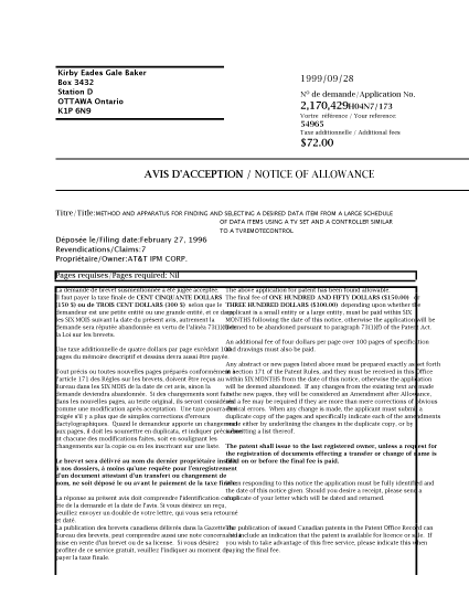 Document de brevet canadien 2170429. Correspondance 19990928. Image 1 de 1