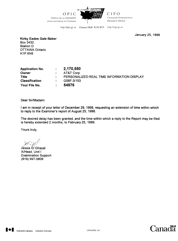 Canadian Patent Document 2170550. Office Letter 19990125. Image 1 of 1