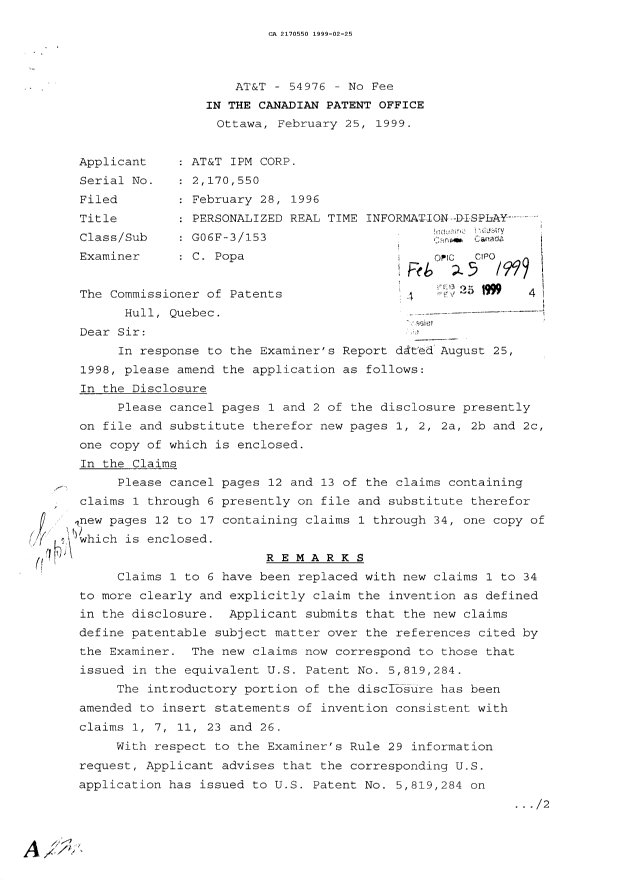 Canadian Patent Document 2170550. Prosecution Correspondence 19990225. Image 1 of 2