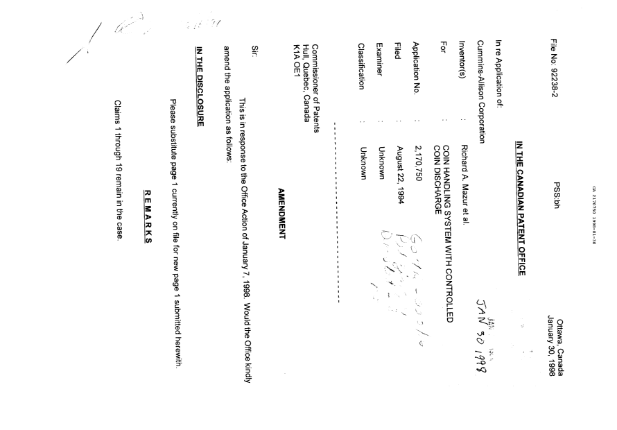 Canadian Patent Document 2170750. Prosecution Correspondence 19980130. Image 1 of 2