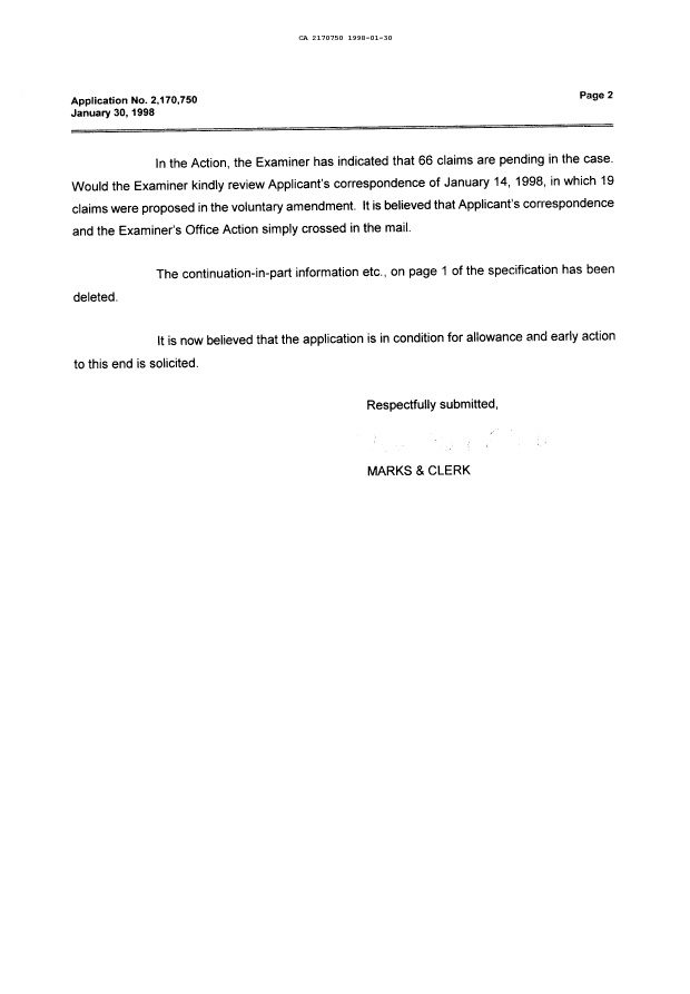 Canadian Patent Document 2170750. Prosecution Correspondence 19980130. Image 2 of 2