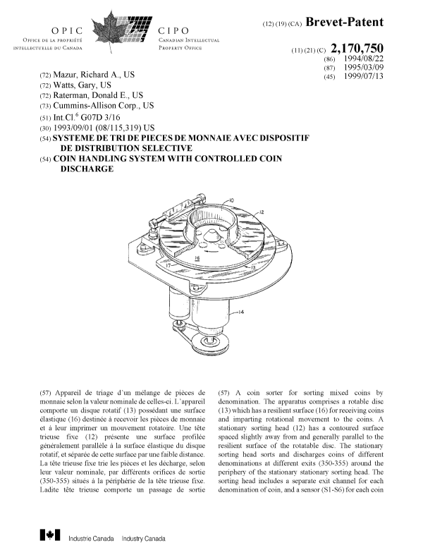 Document de brevet canadien 2170750. Page couverture 19990706. Image 1 de 2