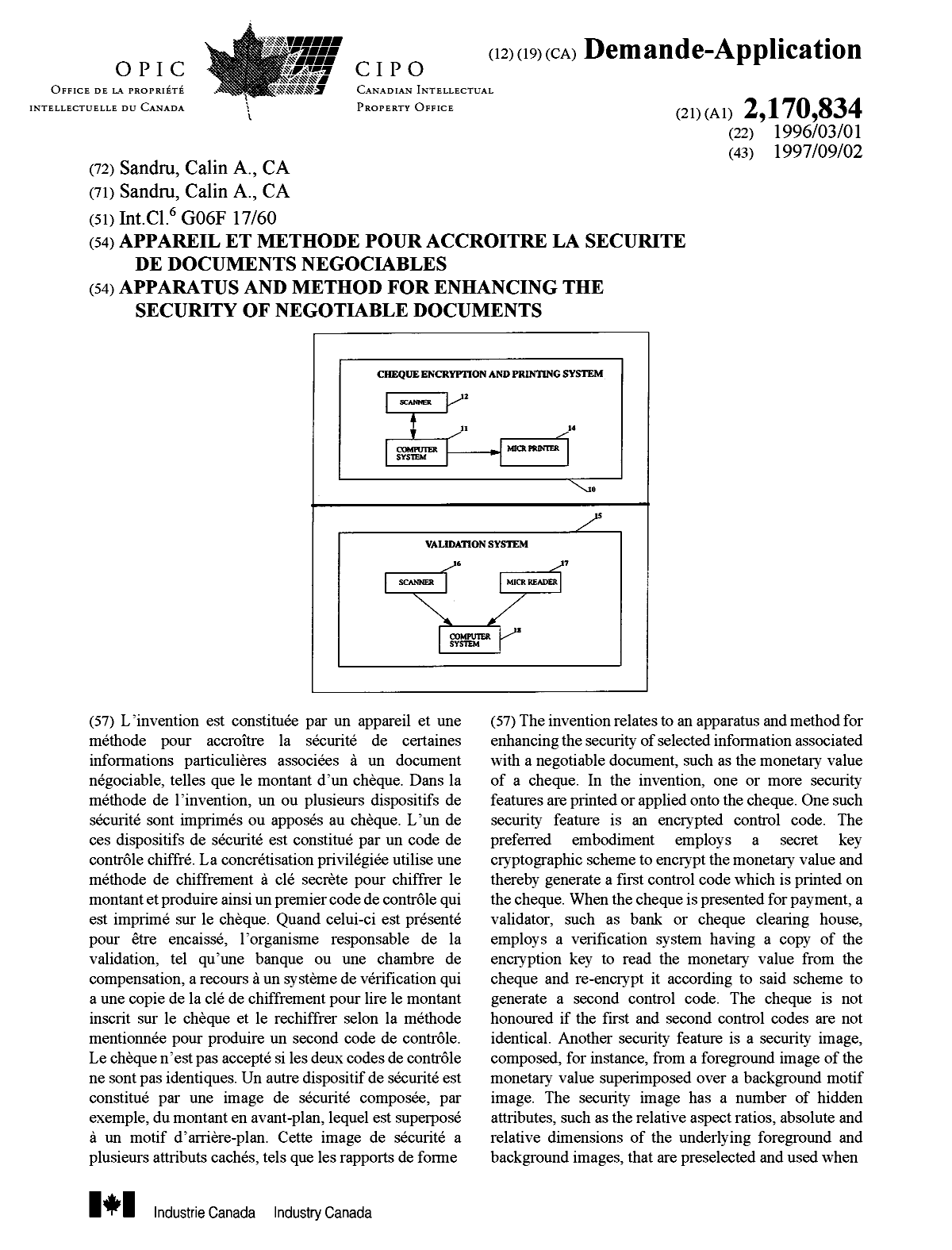 Document de brevet canadien 2170834. Page couverture 19991211. Image 1 de 2