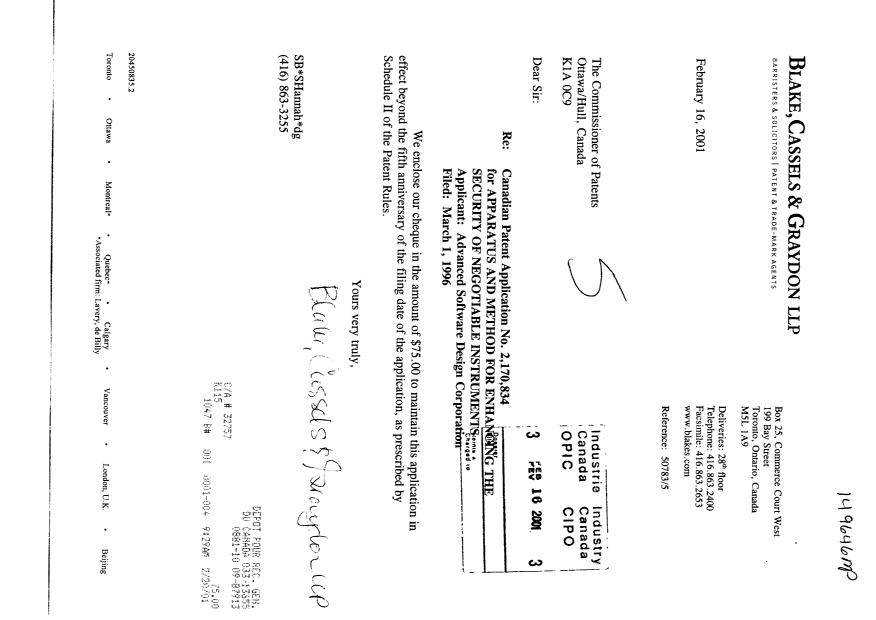 Document de brevet canadien 2170834. Taxes 20001216. Image 1 de 1
