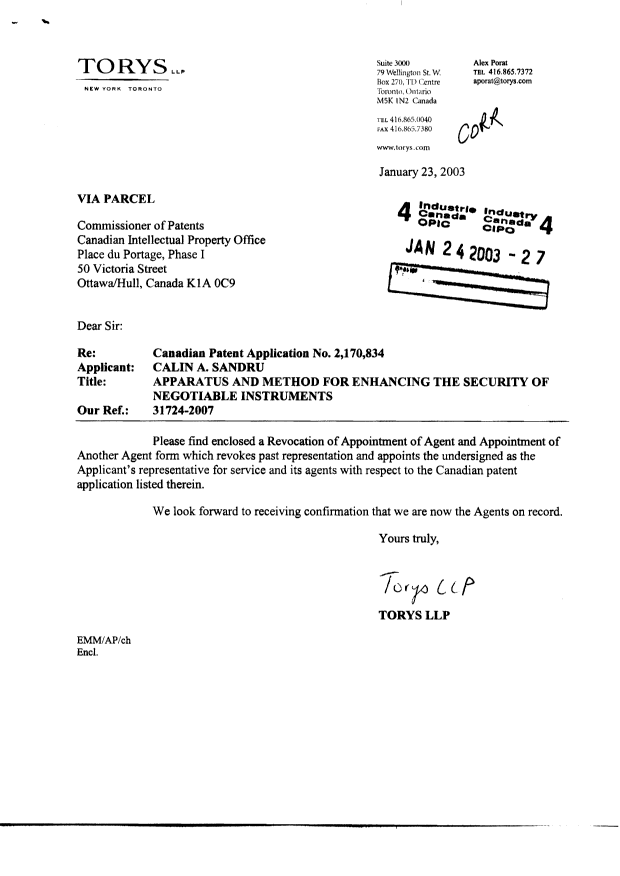 Canadian Patent Document 2170834. Correspondence 20021224. Image 1 of 2