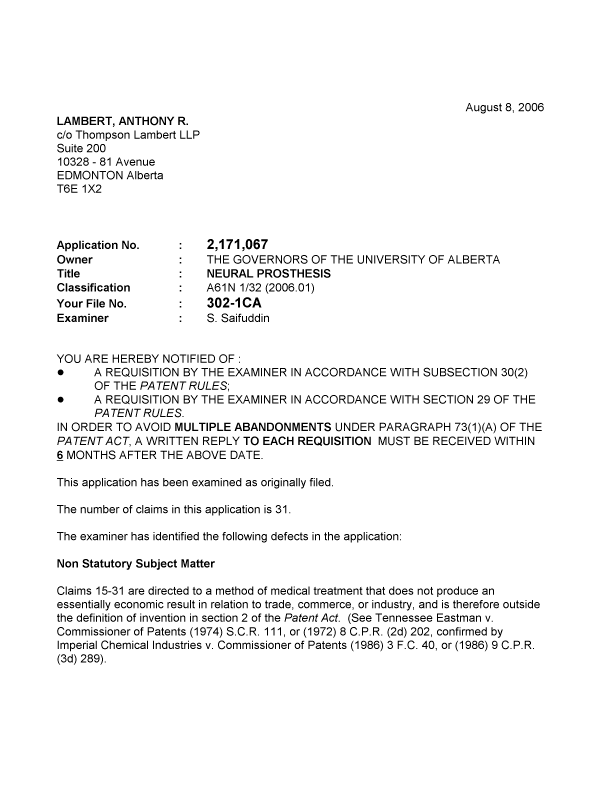 Document de brevet canadien 2171067. Poursuite-Amendment 20060808. Image 1 de 4