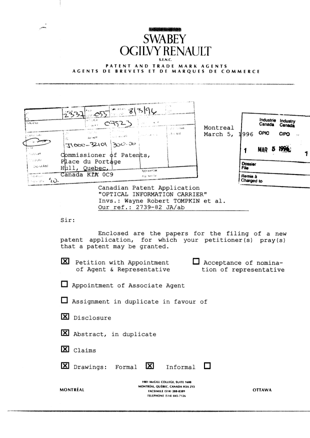 Canadian Patent Document 2171082. Assignment 19960305. Image 1 of 24