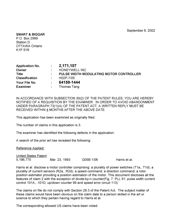 Document de brevet canadien 2171107. Poursuite-Amendment 20011206. Image 1 de 2