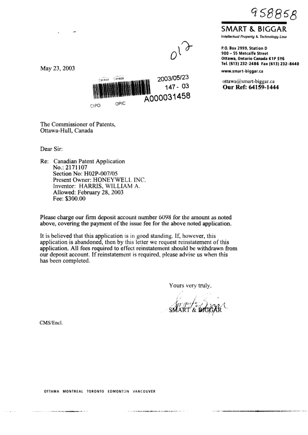 Canadian Patent Document 2171107. Correspondence 20021223. Image 1 of 1