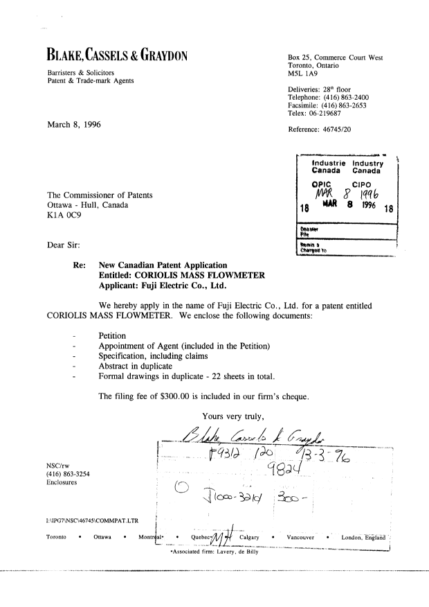 Canadian Patent Document 2171374. Assignment 19960308. Image 1 of 9