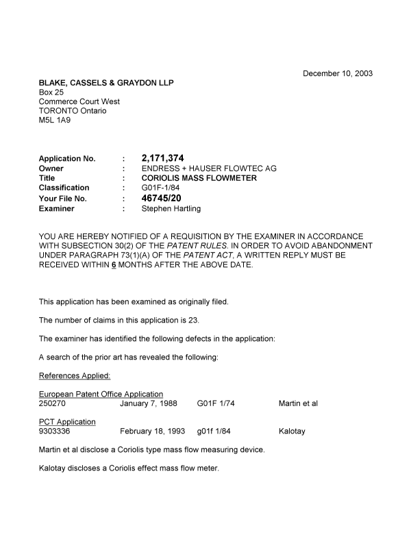 Canadian Patent Document 2171374. Prosecution-Amendment 20031210. Image 1 of 2
