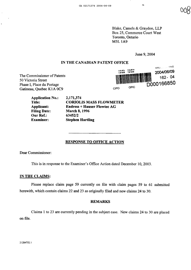 Canadian Patent Document 2171374. Prosecution-Amendment 20040609. Image 1 of 7