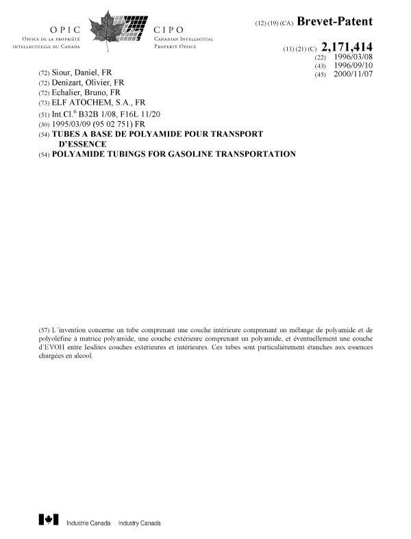 Document de brevet canadien 2171414. Page couverture 20001004. Image 1 de 1