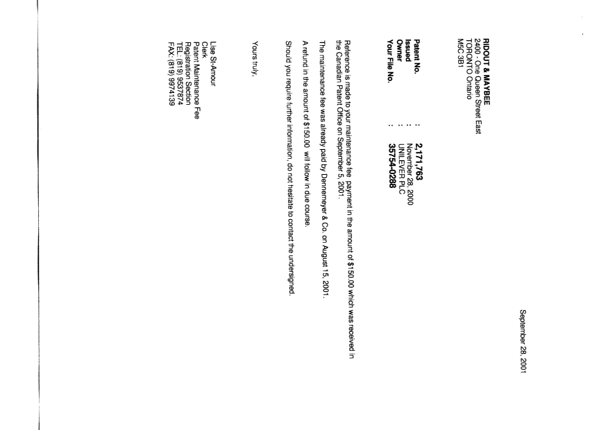 Canadian Patent Document 2171763. Correspondence 20010928. Image 1 of 2