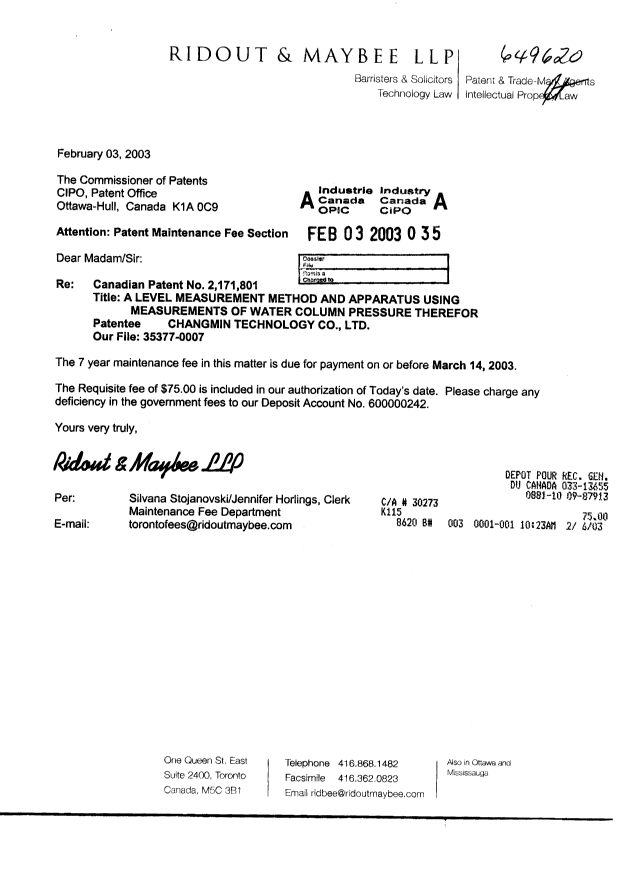Canadian Patent Document 2171801. Fees 20021203. Image 1 of 1
