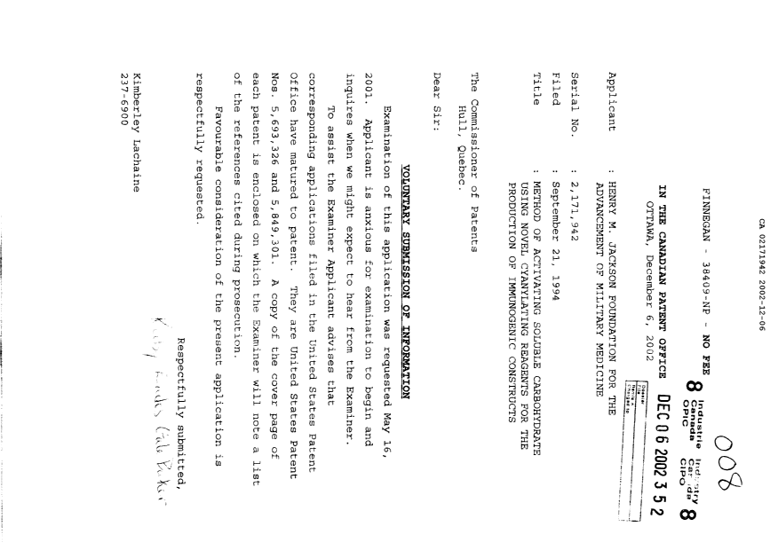 Document de brevet canadien 2171942. Poursuite-Amendment 20011206. Image 1 de 1