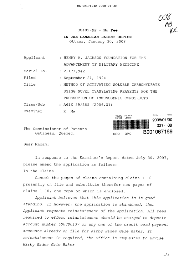 Canadian Patent Document 2171942. Prosecution-Amendment 20071230. Image 1 of 7