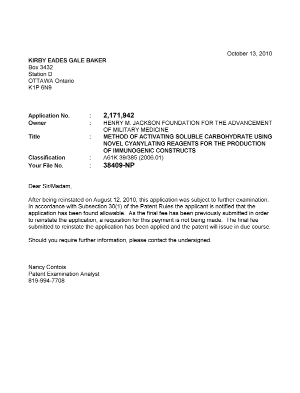 Canadian Patent Document 2171942. Correspondence 20091213. Image 1 of 1