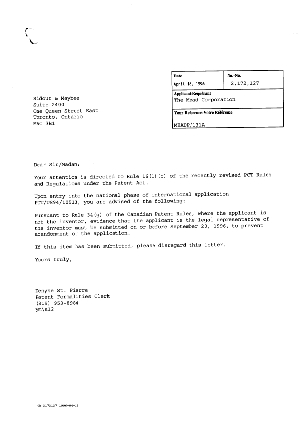 Canadian Patent Document 2172127. Office Letter 19960416. Image 1 of 1
