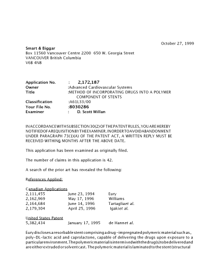 Canadian Patent Document 2172187. Prosecution-Amendment 19981227. Image 1 of 3
